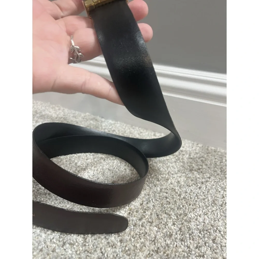Vtg‎ Leather Belt With Letter E Belt Buckle Black Brown Belt